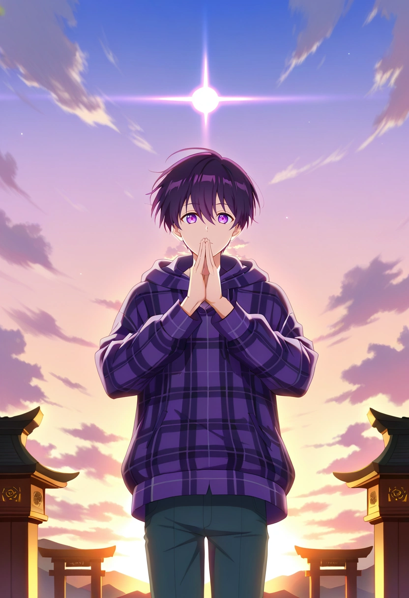 masterpiece, best quality, , , looking at viewer, 1boy, solo, male focus, <lora:yuuki_izumi_ilxl:0.96>, yuuki_izumi, purple hair, purple eyes, short hair, bangs, hair between eyes, , floating sanctuary, cloud temples, glowing bridges, wind shrines, praying pose, enlightened expression, sunrise, Straight-leg chinos, Flannel hoodie, , ,