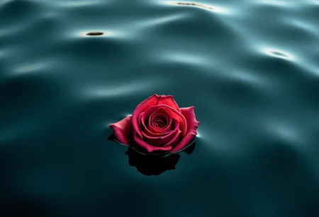 A wilted rose floating in a dark sea, symbolizing a love that has faded but is still remembered in the waves.