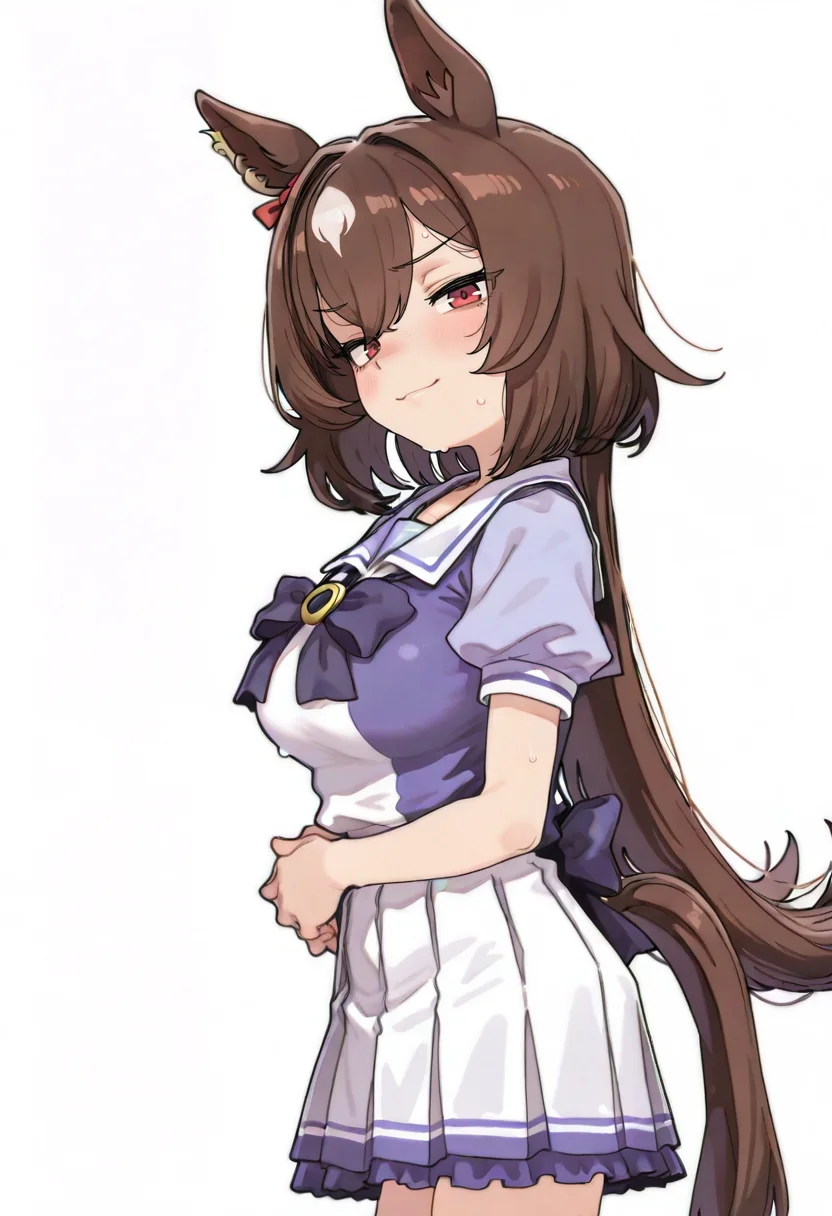 1girl,sirius symboli \(umamusume\),umamusume,animal ears,blush,bow,breasts,brown hair,closed mouth,ear ornament,hair between eyes,horse ears,horse girl,horse tail,large breasts,multicolored hair,petticoat,pleated skirt,puffy short sleeves,puffy sleeves,purple bow,purple shirt,red eyes,sailor collar,school uniform,shirt,short sleeves,simple background,skirt,solo,streaked hair,summer uniform,sweat,tail,tracen school uniform,white background,white hair,white skirt,looking at viewer,ear ribbon,from side,red ribbon,sailor shirt,horseshoe ornament,purple bowtie,ribbon,smile,long hair,bowtie,cowboy shot,very long hair <lora:sabotenmanXL_NBVP1_lokr_V6311PZ:0.95>