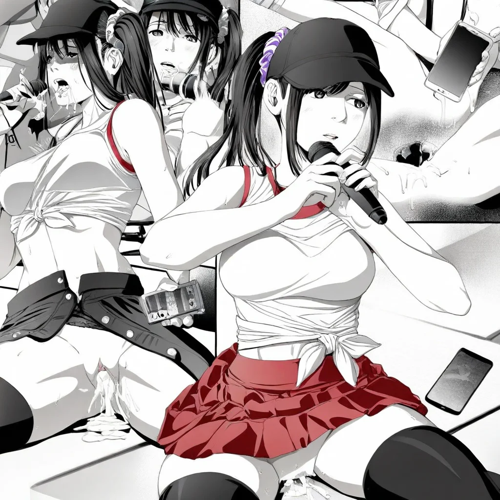 hair scrunchie, tied shirt, thighhighs, cum in mouth, medium breasts, black headwear, cellphone, bare shoulders, greyscale, sportswear, parted lips, open fly, cum in pussy, holding microphone, red skirt