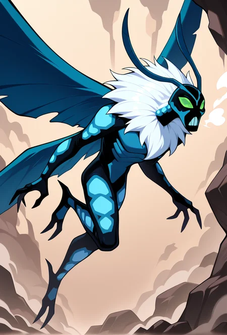 <lora:bigchill-07:1> bigchill, solo, 1boy, green eyes, blue skin, no humans, green sclera, teeth, no pupils,, blue wings, dynamic pose, neck fluff, neck mane, white neck fur, antennae, steam breath,, masterpiece, best quality, amazing quality, very aesthetic, absurdres, newest,