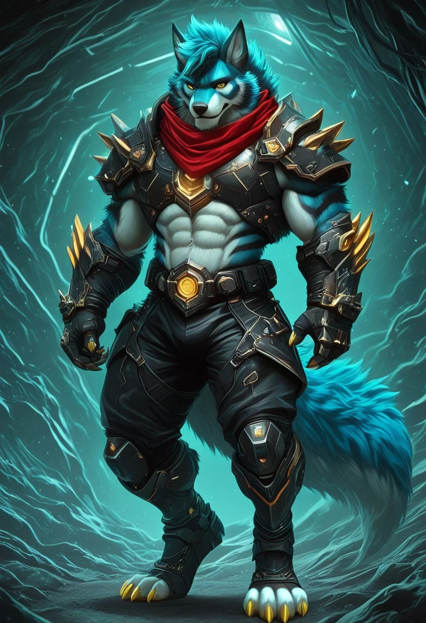 Canine paws, Feline paws, digital pads, metacarpal pad, 4toes, claws, detailed paws, [color] paws, Mixed Style, Furry, armored anthro, spellblade, Furry Cyberpunk, Fursuit, EyesHD, Magnificent picture of perfect anatomy, furry, male, Wolf, fluffy fur, fluffy, furry body, (wolf print), Yellow Eyes, Black pupils, Detailed Eyes, ((Light-blue Body Fur)), Fluffy tail, wolf Tail, ((Light-blue Tail Fur)), ((White tip Tail)), Midnight Lycanroc_(Pokemon) head, multicolor hair, long hair, (Blue hair), long fluffy mohawk hair, (long peak finish:1.5), (Aqua peak finish:1.5), ((Navy Blue Highlights)), white muzzle, white forearms, ((black stripes:1.5)), (arm stipes:1.5), (legs stripes:1.5), Whiskers, perfect Hands, ((animal feet)), ((white Toes, 4 toes)), ((white Soles)), ((Pink paws)), (Sharp claws:1.3) (yellow claws:1.5), ((White torso)), Full body Armor, waist armor, chest armor, Golden details in armor, Well-proportioned Body, Thick black eyebrows, well-toned, masterpiece, (perfect anatomy:1.7), hi res, cowboy_shot, Adult Male, Ultra-clear, cute_fangs, Red neck bandana, Beautiful and attractive Wolf, 64K, detailed CG, masterpiece, semi-realistic, furry male, male focus, bara, mature male, biomechanical style handsome furry anthro man, manly, lean body, solo, portrait, full body, blend of organic and mechanical elements, futuristic, cybernetic, detailed, intricate, wolf boy,