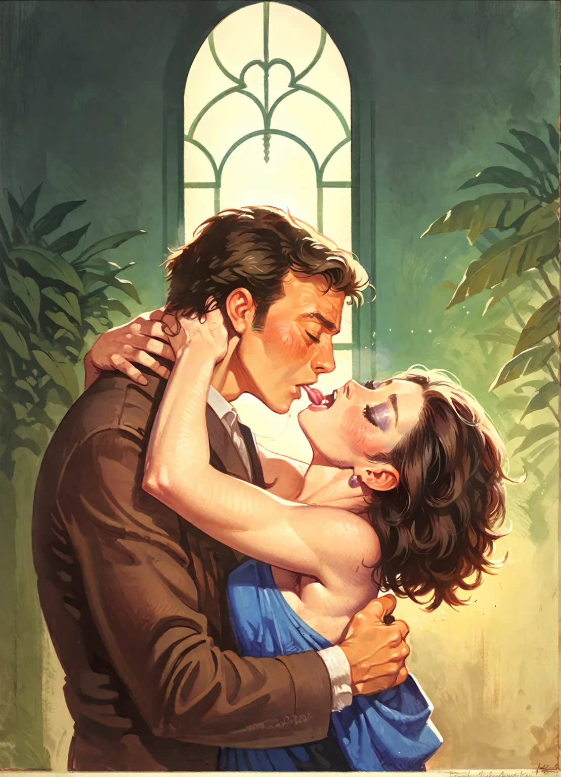 <lora:emanueletaglietti_pony_v1:1> ,'  romance ' by emanuele taglietti in 1972,illustration \(genre\),pulp art \(style\)
the image depicts a man and woman in a passionate embrace, score_9, score_6_up, score_7_up