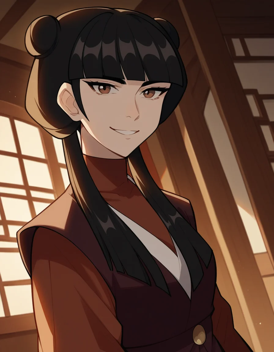 score_9, score_8_up, score_7_up, source_anime, <lora:mai-book2book3-ponyxl-lora-nochekaiser:1>, mai, sidelocks, long hair, black hair, lunt bangs, hair bun, double bun,, chinese clothes, turtleneck, long sleeves, wide sleeves,, indoors, smile, looking at viewer, solo,, cowboy shot, dutch angle