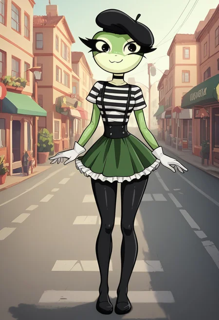 score_9,score_8_up,score_7_up,
outdoors,
full body, closed mouth smile,,long eyelashes,pose, tall, standing,
<lora:Mashka_v01_PDXL:1>,Mashka,1girl,solo,furry female,green skin,yellow skin,two-tone skin,shiny skin,black eyes,long eyelashes,wearing french beret, black eyeliner,wide hips, black choker, mime artist outfit, black beret, black striped shirt, black tight leggings, black suspenders, frilled skirt, white gloves, slender, skinny, petite 1930's city background, mime poses,
<lora:add-detail-xl:1>,