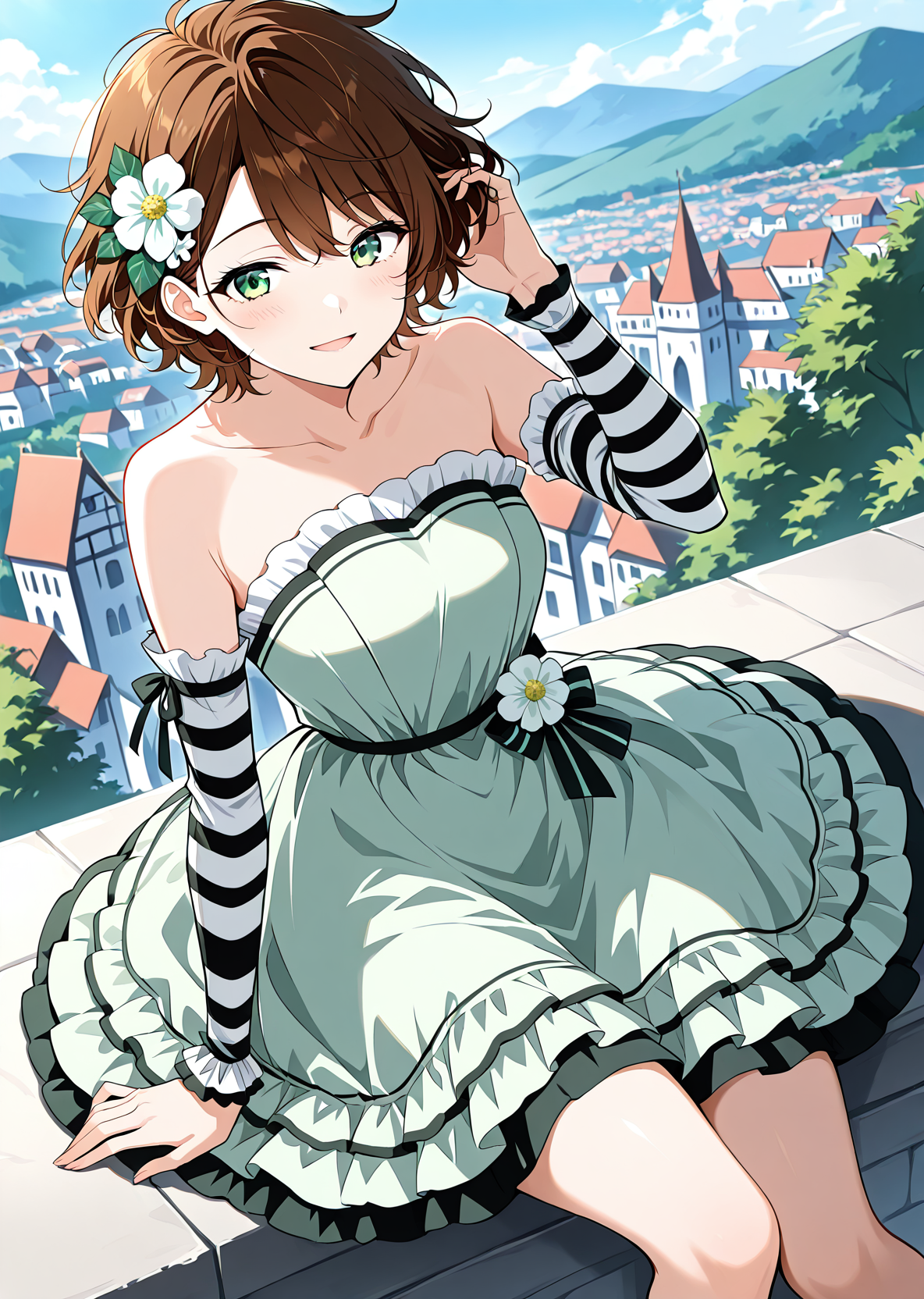 <lora:Caria_Rede__The_Beginning_After_the_End___Illustrious:1>
1 girl, solo, short hair, messy hair, wavy brown hair, green eyes, athletic body, 
flower hair accessory, elegant mint green strapless dress with black and white layered accents, striped black and white detached sleeves
score_9, score_8_up, score_7_up, very aesthetic, source_anime, detailed, high quality, beautiful, masterpiece, detailed eyes, castle, village, blurry background, cityscape, pose dynamic angle, light smile, open mouth, hand on hair, sitting