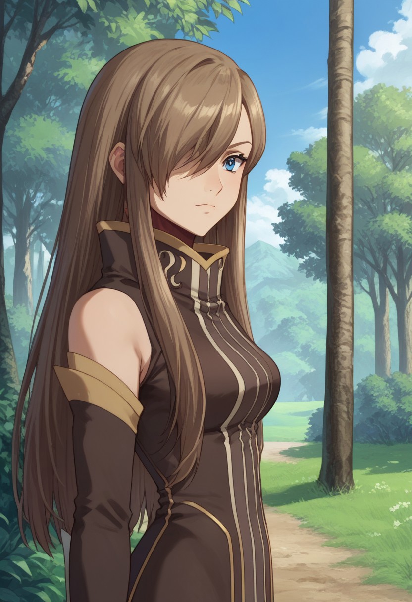 score_9, score_8_up, score_7_up, source_anime, highly detailed,    
teagrant, 1girl, solo, long hair, brown hair, blue eyes, dress, brown dress, high collar, gloves, hair over one eye, detached sleeves, upper body, pantyhose,
outdoor, sky, trees,