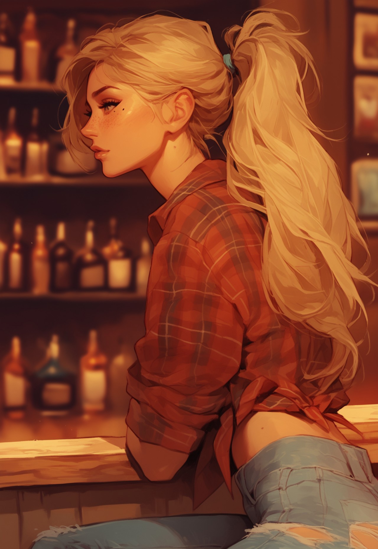 safe_pos, score_9, score_8_up, score_7_up, score_6_up, score_5_up, score_4_up, 
BREAK
girl in knotted shirt, 1girl, solo, denim, shirt, torn pants, jeans, pants, blonde hair, freckles, plaid shirt, mole, torn clothes, mole under eye, ponytail, torn jeans, long hair, bottle, bar background, blurry background, dust, American, sitting on stool chair, cowgirl, beautiful, attractive woman, dynamic angle, 