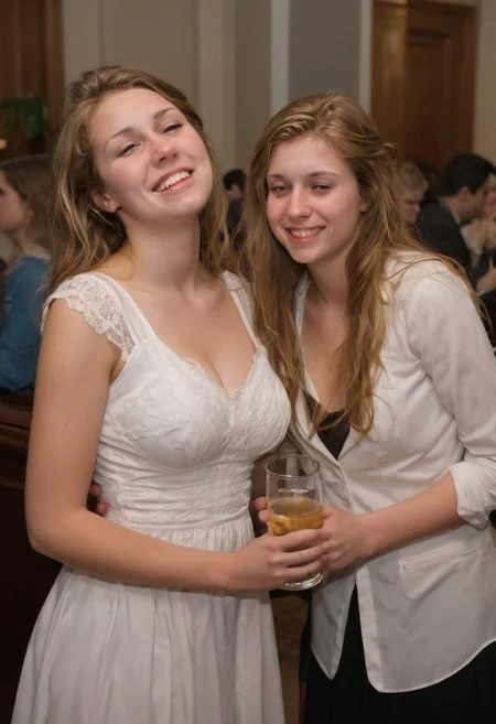 Darker lighting and atmosphere. Sensual and turned on by each other. Drinking sacrament wine.  More drunk. One woman has large breasts.Hyper realistic. More drunk and wasted. Two Mormon sister missionaries getting drunk in their apartment after a long day proselyting. They are obviously visibly very intoxicated.  Leaning together lovingly. Very drunk eyes. Very drunk sultry eye contact. more drunk expression. Disheveled hair. (((Falling, tripping, staggering, dizzy, sleepy))). (((blackout drunk))).Realistic skin. Film grain. Typical lighting wearing a nice modern dress. (((20 year old Mormon Temple square sister  missionary))). Her hair is very disheveled. She drank a lot of tequila(((heavily lidded, drunk eyes))) incoherent, and completely hammered.
 (((incoherent, wasted))) very  drunk. realistic photo.{{{increasingly wasted}}} after having way too much to drink.  (((falling down))) drunken expression. cinematic lighting. (((Flirting))). Soft contented smile. She's completely wasted and wants to have sex tonight.