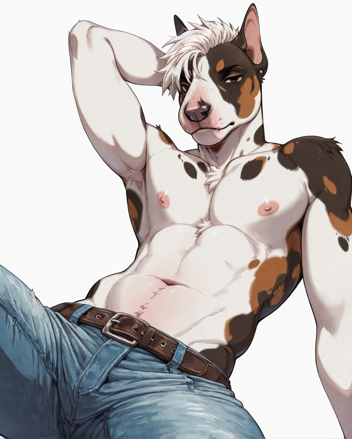 <lora:KasuSei_Illustrious:1>,   
masterpiece, best quality, amazing quality, very aesthetic, stylized, white background, simple background, 
furry, anthro, (((male))), solo, 1boy, bull terrier, hair, areola, navel, 
belt, jeans,
looking at viewer, handsome, (((erotica))),