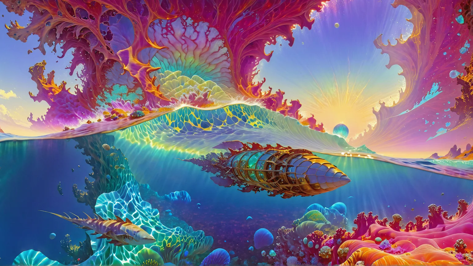 **The Shardborn Ocean — Aerial View**
The scene is viewed from high above, revealing the endless expanse of fragmented light that forms the ocean’s surface. Each glowing wave shifts between iridescent colors, creating a kaleidoscopic effect. Semi-transparent sea creatures with undulating, bioluminescent fins drift just below the surface, their forms outlined against the radiant backdrop. In the distance, a crystalline ship floats silently, casting long, fractured shadows.