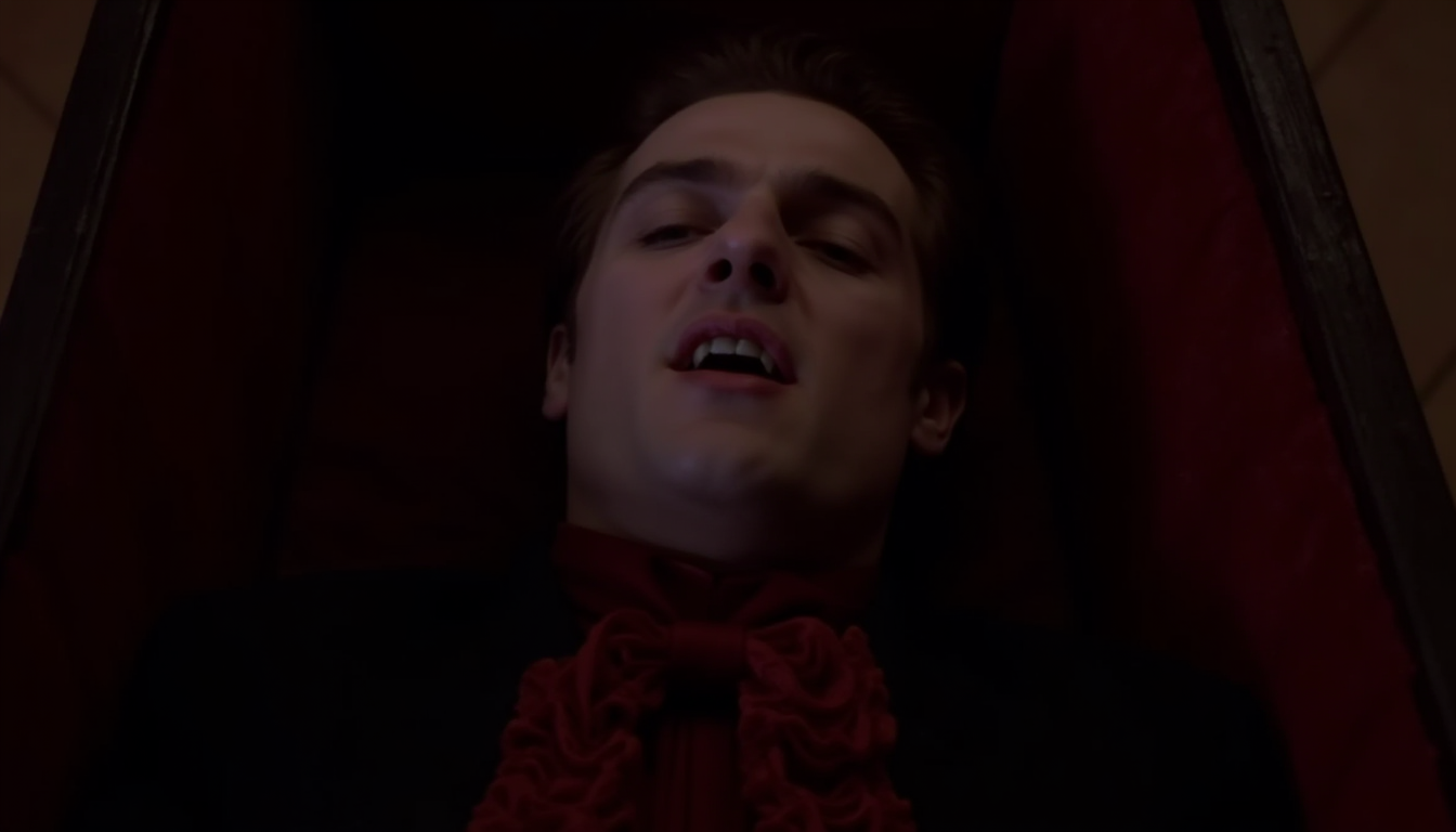 cinematic medium shot of a vampire man lying in a wooden coffin lined with red velvet in 1800s, lips slightly parted showing fangs, eyes closed, very pale skin, wearing dark suit with frilly red tie, soft light, photorealistic <lora:iwtv_flux_1_0:1>