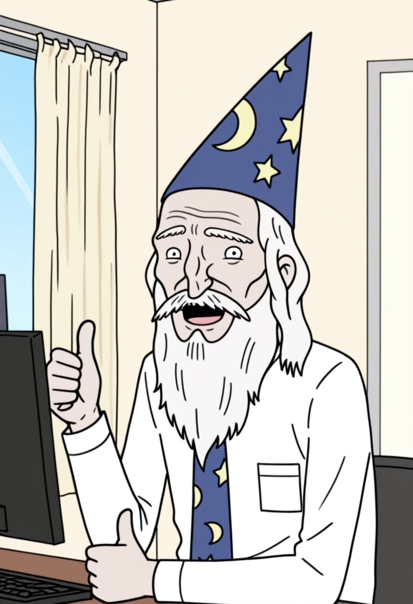 score_9, score_8_up, score_7_up, masterpiece, high quality, detailed, le0nard p0wers, wizard, light skin, white hair, long hair, long beard, skinny, wizard hat, dress shirt, wizard tie, half body shot, sitting, office background, desk, monitor, keyboard, telephone, window, curtain, happy, open mouth, thumbs up, looking at viewer