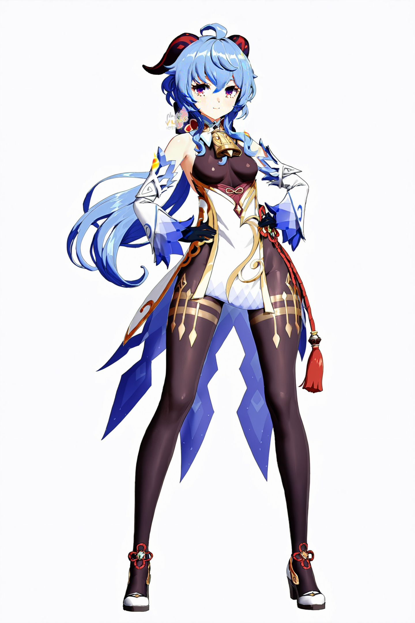 score_9, score_8_up, score_7_up, score_6_up, 
8k, best quality, masterpiece, (ultra-detailed:1.1), (high detailed skin), 
(full body:1.4), white background, standing, looking at viewer, (solo:1.4), hand on hip, 
<lora:ganshenxian-A3-Tanger-000013:0.8>, ganyu \(genshin impact\), Ganyu's def clothes, 1girl, horns, gloves, ahoge, detached sleeves, blue hair, bell, long hair, looking at viewer, full body, bangs, purple eyes, black gloves
(white background, simple background:1.3), 
(beautiful_face), ((intricate_detail)), clear face, 
((finely_detailed)), fine_fabric_emphasis, 
((glossy)), full_shot,
