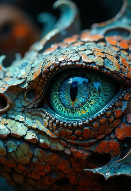 Focus on the textured surface of a mythical dragons eye and slight part of its nose and mouth with teeth visible,capturing the dense network of tiny, repeating dimples that create a fractal-like pattern. Use an ultra macro lens to isolate a small section of the eye,emphasizing the tactile detail of its teal surface. Side lighting enhances the dimensionality of each line, casting subtle shadows across the dragons red scaled skin.
Position the camera to balance symmetry and organic randomness, creating a dynamic yet harmonious composition. The vivid teal hue of the eye dominates the frame, with blurred highlights in the background adding a sense of warmth and depth. This close-up transforms an everyday object into a study of micro-scale fractal beauty.