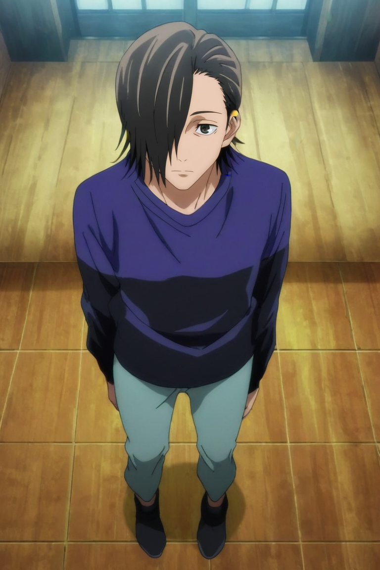 score_9, score_8_up, score_7_up, source_anime, rating_safe, intricate details, anime screencap, anime coloring, official style, , , 1boy, solo, male focus, <lora:junpei_yoshino_pony:0.98>, junpei_yoshino, black hair, black eyes, short hair, hair over one eye, from above, full body, dining room, indoors, knees up, relaxed, funny costume, <lora:sdxl_lightning_8step_lora:1>