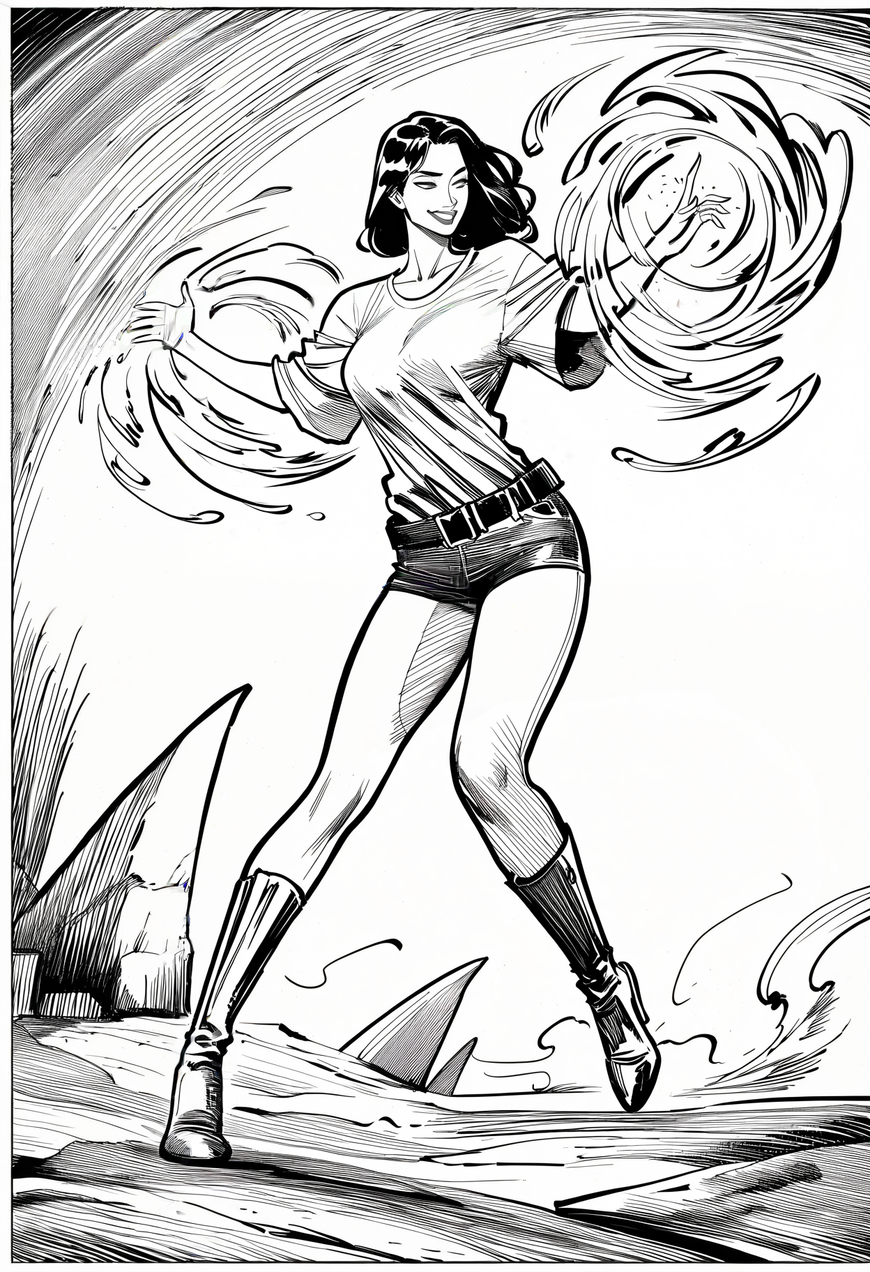 1girl, oversized-shirt, belt, magic, western-comics-\(style\), very awa, masterpiece, best quality, newest, absurdres, highres, monochrome, artist-name