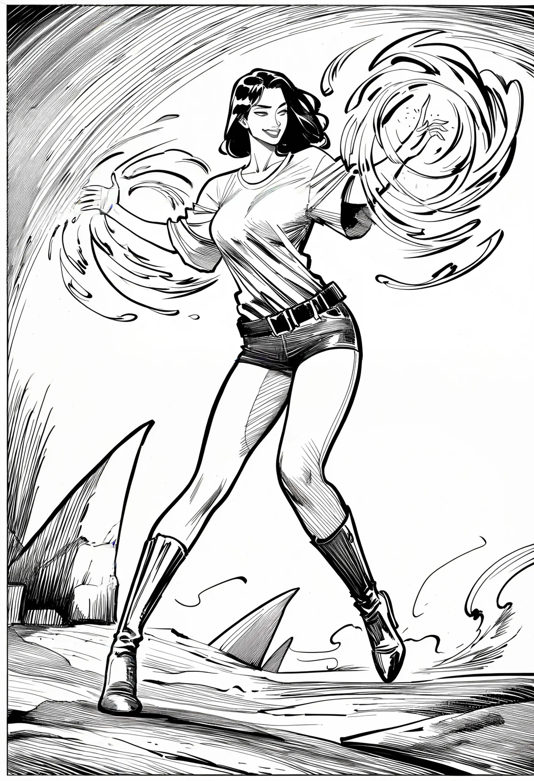 1girl, oversized-shirt, belt, magic, western-comics-\(style\), very awa, masterpiece, best quality, newest, absurdres, highres, monochrome, artist-name