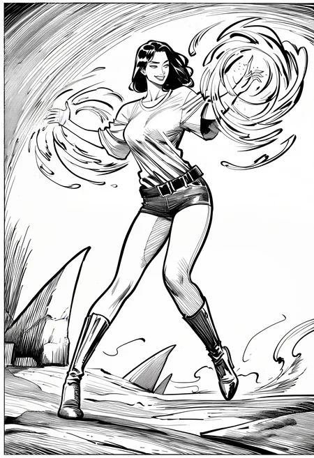 1girl, oversized-shirt, belt, magic, western-comics-\(style\), very awa, masterpiece, best quality, newest, absurdres, highres, monochrome, artist-name