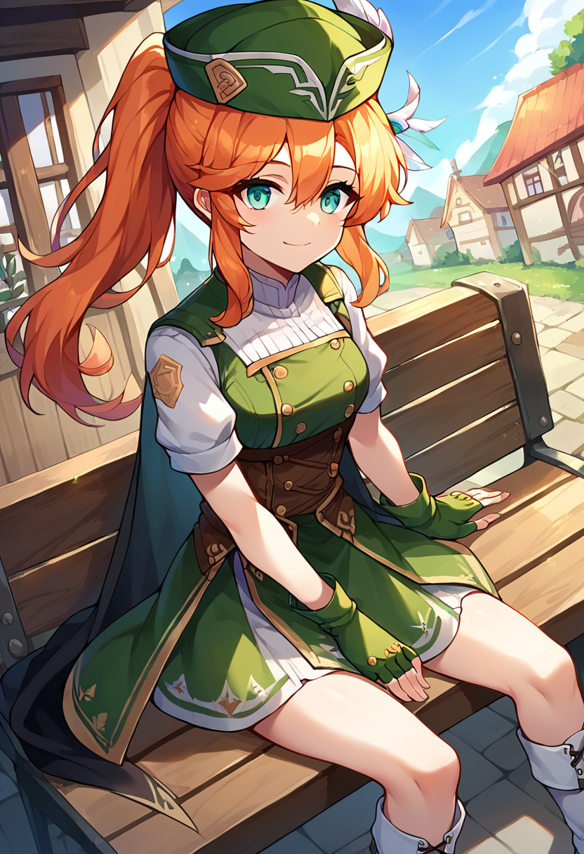 score_9,score_8_up,score_7_up,source_anime,zPDXL3,fantasy,town,wooden bench,sitting,
*//*,<lora:Adventurer_Archer_Pony:1>,marksman_new,1girl,solo,orange hair,long hair,ponytail,aqua eyes,hair between eyes,short sleeves,lace-up boots,white footwear,black cape,green hat,hat feather,fingerless gloves,green gloves,zettai ryouiki, 
*//*,looking at viewer,cowboy shot,dutch angle,light smile,