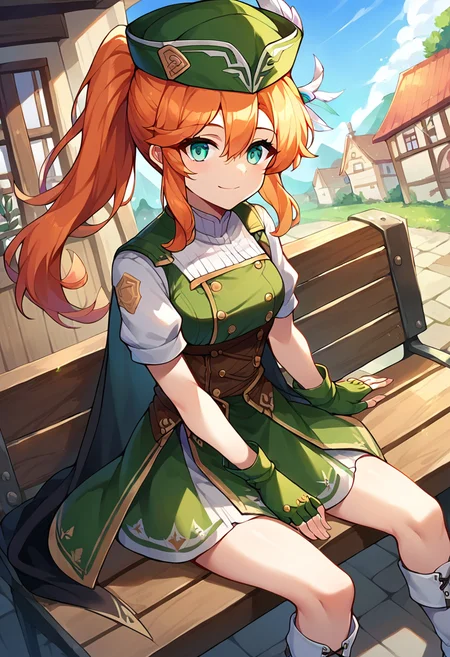 score_9,score_8_up,score_7_up,source_anime,zPDXL3,fantasy,town,wooden bench,sitting,
*//*,<lora:Adventurer_Archer_Pony:1>,marksman_new,1girl,solo,orange hair,long hair,ponytail,aqua eyes,hair between eyes,short sleeves,lace-up boots,white footwear,black cape,green hat,hat feather,fingerless gloves,green gloves,zettai ryouiki,
*//*,looking at viewer,cowboy shot,dutch angle,light smile,