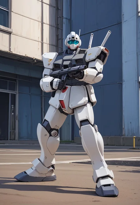 score_9, score_8_up, score_7_up, (blue gm, light blue gm, blue armor, standing, 1 mech, blue mech, mech focus, giant gm, sniper rifle, long rifle,) BREAK, source_anime, cowboy shot, front view, BREAK, buildings