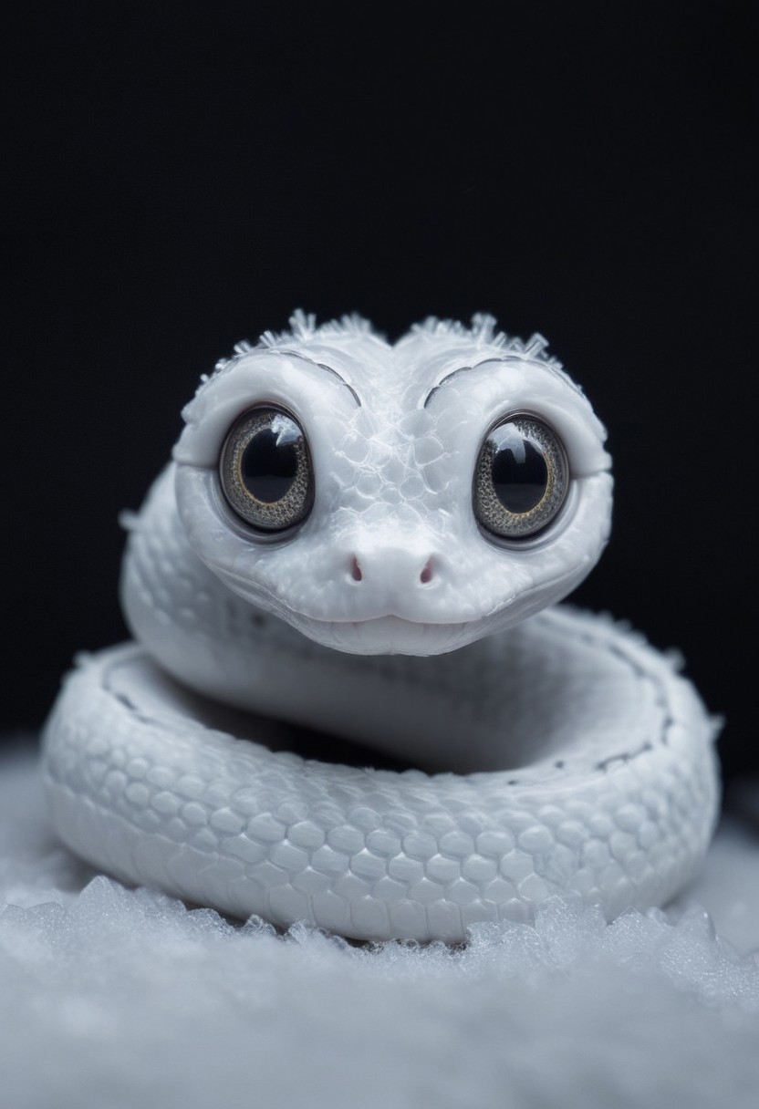 a cute chibby snowflake snake with big snowflake eyes