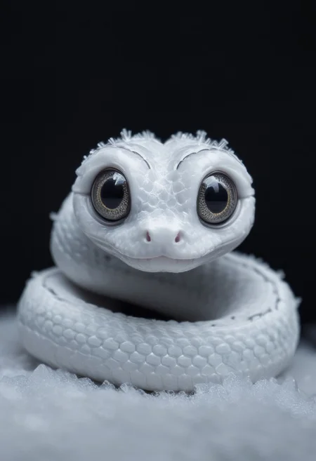 a cute chibby snowflake snake with big snowflake eyes