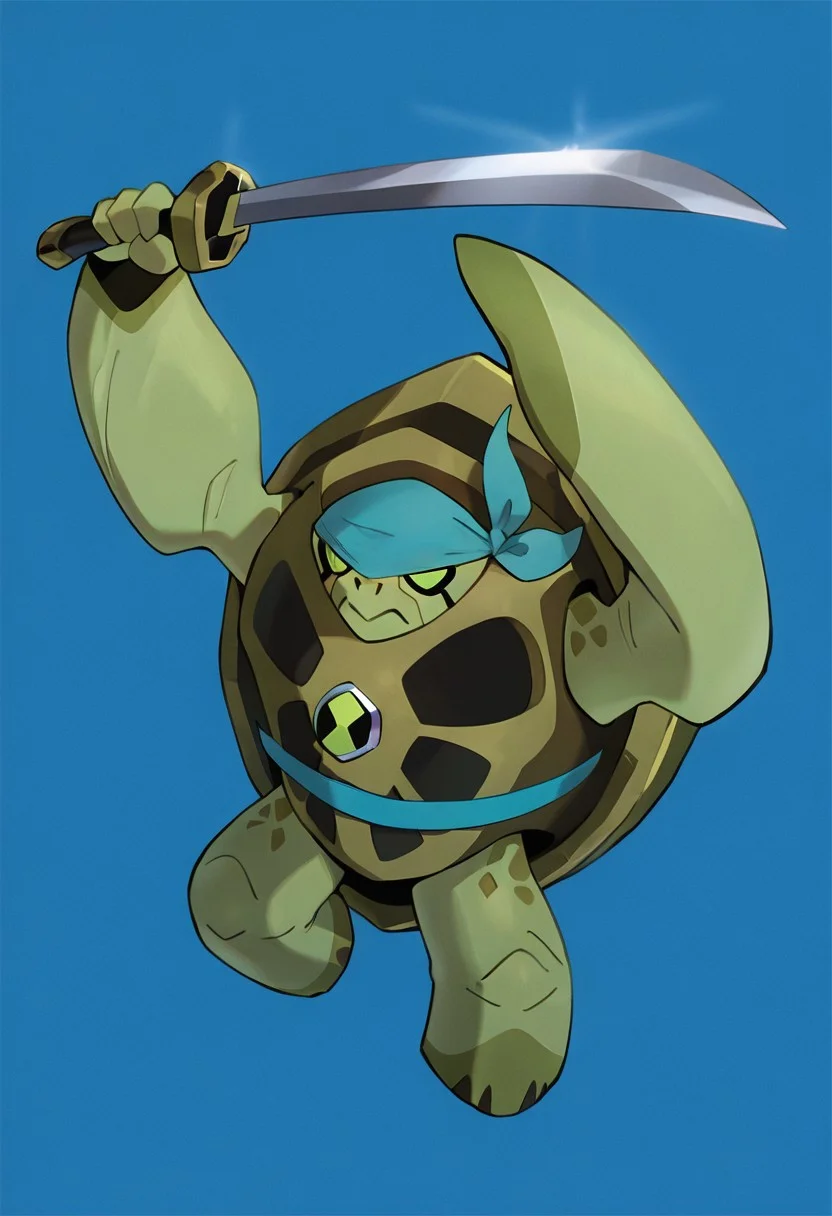 masterpiece, best quality, amazing quality, very aesthetic, absurdres, newest,, detailed background, 
terraspin, pokemon (creature), solo, no humans, closed mouth, green eyes, green skin, shell, turtle, small head
blue bandanna, blue eye mask, blue belt, bandaged arms, blue background, dynamic pose, holding sword,