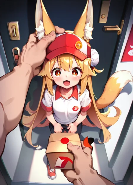 score_9, score_8_up, score_7_up,score_6_up,score_5_up,score_4_up,  a girl is standing holding a box, o3o,  delivery girl, double bun,fox girl, very long hair, (paw pose:0.5), open door, headpat, cap, pov, size difference, from above, 
<lora:musouduki_style_xl_v3:.8>