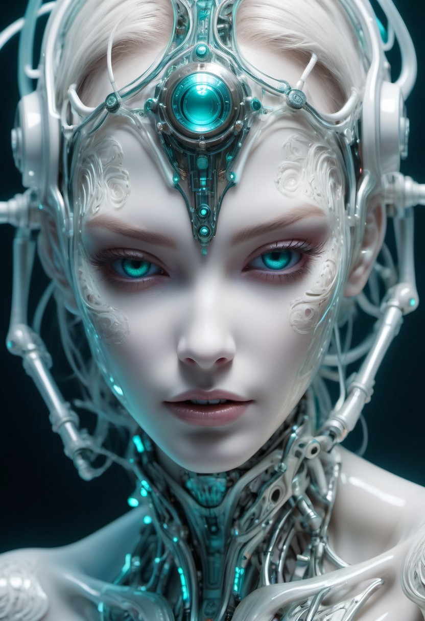 Real sharp photo, Cowboy Shot, photo from the knee up, 8k portrait of beautiful biomorphic half body shot, stunning white porcelain cyborg with metallic hair in transparent brocade underbust corsage with lustful presence, looking at the viewer, smiling, under water, intricate, elegant, highly detailed, majestic, broken glass, (masterpiece, sidelighting, finely detailed beautiful teal eyes: 1.3), hdr, photorealism, bokeh, neon elements , biomechanical interface. Intrincated detailed skin, futuristic, utopian, machine parts, body parts, wires, circuits, highly detailed, cinematic, look from above, hauntingly surreal, highly detailed and intricate, rich deep colors, intricate, masterpiece, golden ratio, intricate, epic, sweet, beautiful face, perfect eyes, perfect proportions