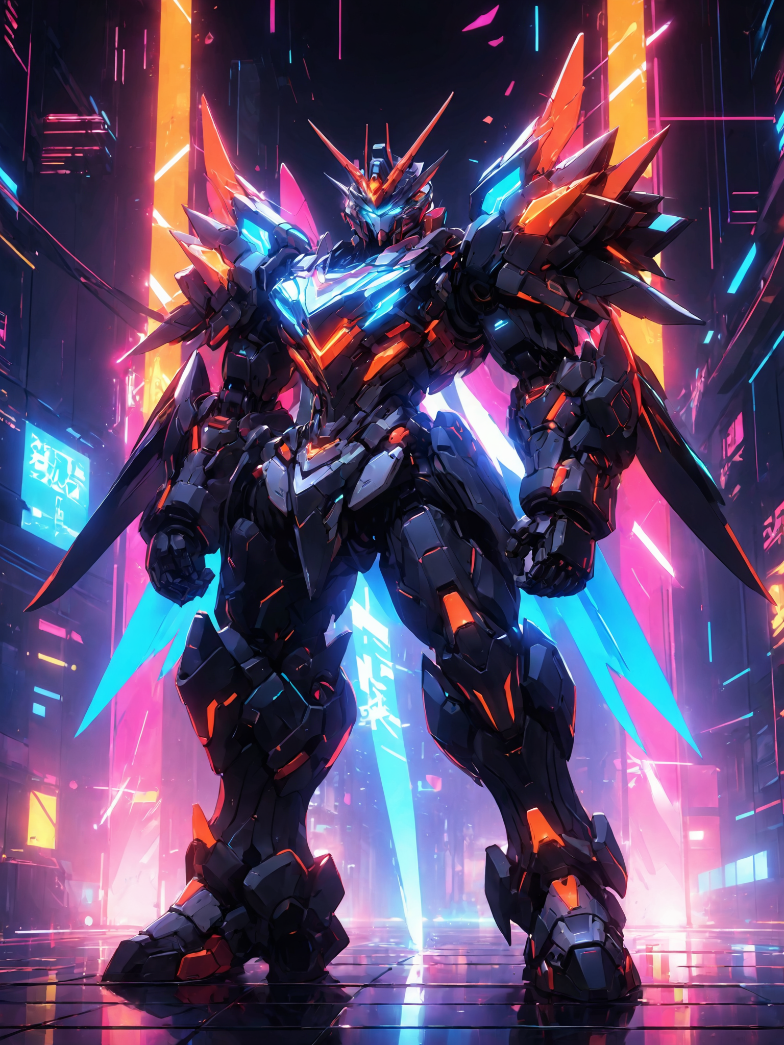 Game Illustration,League of Legends Splash Art,Gundam RX-78An abstract neon design of a glowing,intricate details and neon - colored patterns,set against a dark,abstract background,full body,cyberpunk,science fiction,<lora:p9-nijimecha-000009:0.7>,nijimecha,<lora:Hyper-SDXL-8steps-CFG-lora:0.4>,