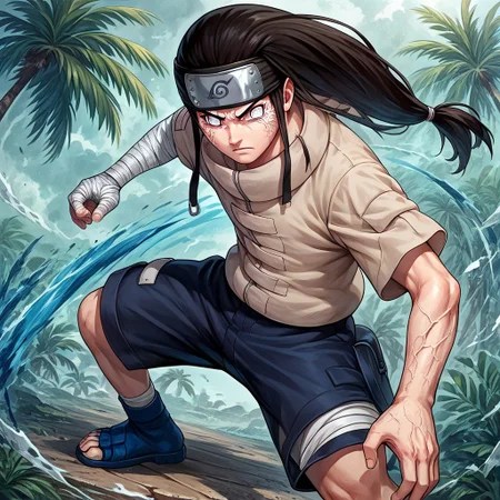 score_9, score_8_up, score_7_up, mastepiece, 1boy, solo, masterpiece, Neji, Black Hair, Long Hair, Ponytail, No pupils, grey eyes, Beige shirt, shorts, forehead protector, bandaged arm, fighting stance, open palm, veins around eyes, hands