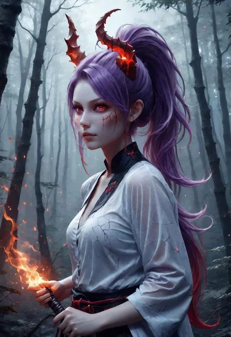 highres,best quality,ponytail,facing to the side, full body,short height,happy,(purple eyes),photograph,realistic lighting,cute face,1girl,red tips on hair,red skin, fantasy world,in the forest, warlock,demon horns,skull logo, DonMD3m0nXL,blue skin:1.4, yellow eyes, anime style,blue flame,flames around hands,fantasy adventure outfit,fighting stance,dragon tail:1.5,brown shorts,thick tail:1.3,snake tail:1.3