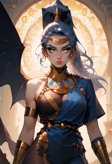 Stable_Yogis_PDXL_Positives, (score_9, score_8_up, score_7_up), ((Greek mythology style)), ((face focus, eye focus, dynamic angle, motion)), 1girl, solo, fantasy, (megaerahades, ponytail, ear piercing, blue skin, colored skin, yellow eyes), (megaeraoutfit), (single wing), breathless intimacy, tanned skin, petite model bombshell, heart, young, delicate features, narrow pointy nose, tiny nose, lust, big eyes, seductive eyes, blue eyes, detailed skin, flared lashes, mascara, makeup, perky huge breasts, athletic body, narrow waist, skinny hips, 
warm light, detailed, neon dark party
 BREAK
milky way, runes, arcane, astral, surreal, ethereal glow, masterpiece, best quality, intricate design. colorful, moonlit nightsky, stained glass aesthetic, moody whimsical color palette, murano glass, bold soldering lines, volumetric light shining through, crepuscular rays, intricate craftsmanship, detailed texture, luminous transparency, reflective light play, vivid hues, atmospheric depth, enchanting silhouette, art nouveau,