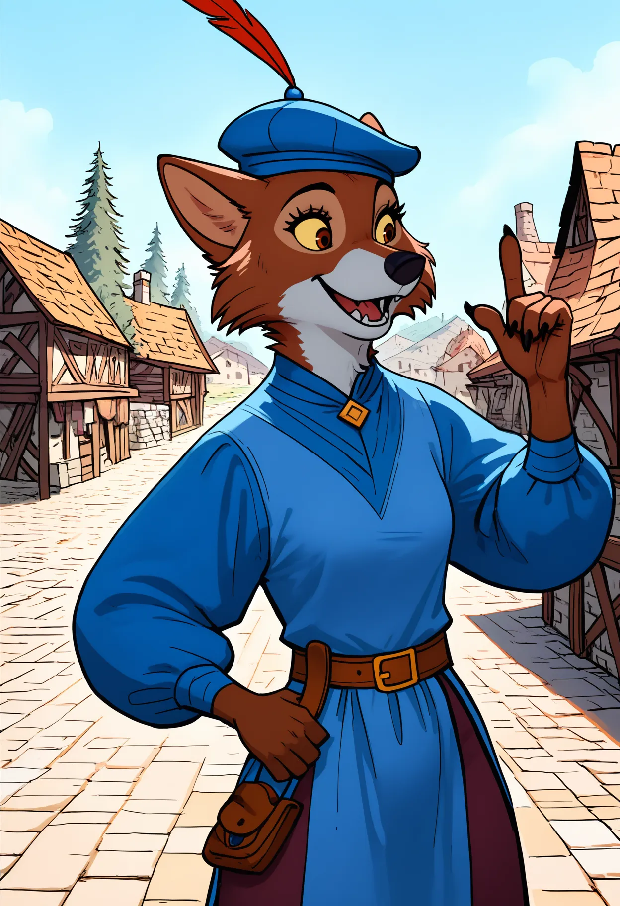 masterpiece, best quality, newest, absurdres, highres, safe, BREAK,
on model, sheriffc, female, brown fur, black nose, bulbous nose, noble hat, outdoors, talking, mouth open, hand up, gesturing, ears to side, facing front, looking to side, looking down, village, medieval, well, street, from front, wolf, sheriff outfit, yellow sclera, cowboy shot, ears, ears back, finger up, facing side, gesture, open smile, explaining, flat color, looking ahead,
, <lora:Marian_v10Noob3-9s96:1>    <lora:noobai_ep11_stabilizer_v0.138_fp16:0.8>