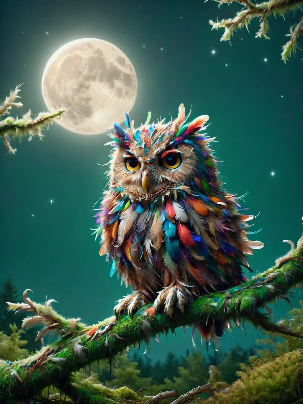 ais-featherz owl, perched on a mossy branch under the moonlight <lora:Feathers_Glue_SDXL:1>