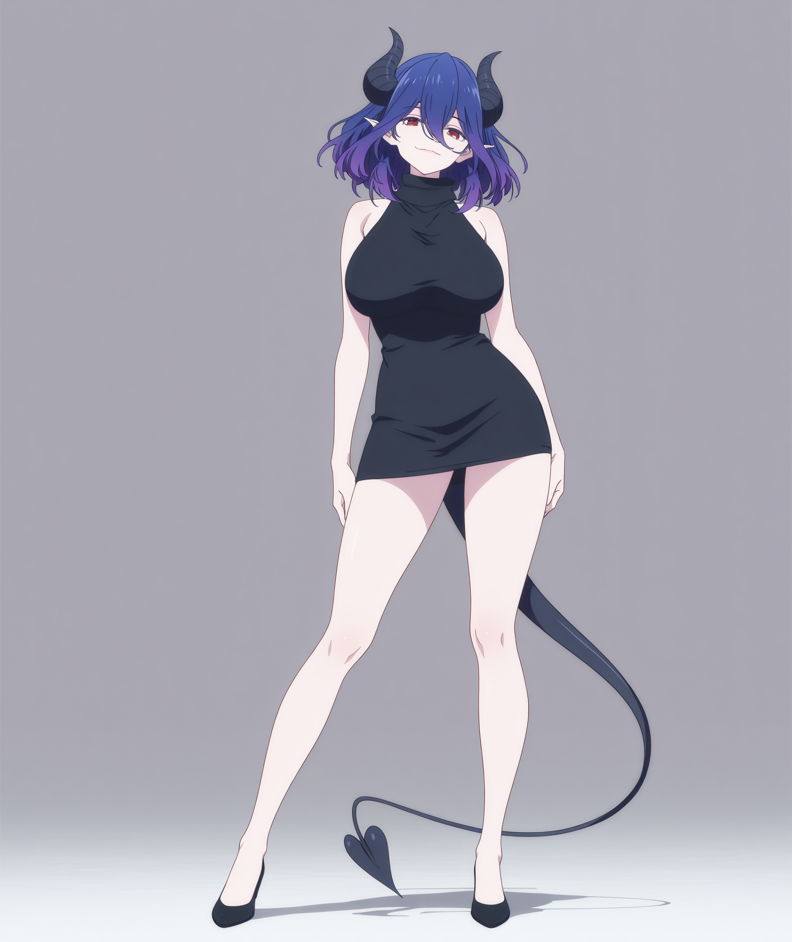 highres, absurdres, hi res, best quality, masterpiece, 2d, intricate details, 4k, anime coloring, epic composition, intricate, elegant, digital painting, highly detailed, artstation, sharp focus, illustration,
1girl, solo, female, red eyes, short hair, medium hair, bangs, hair between eyes, purple hair, blue hair, tail, horns, black horns, pointy ears, demon girl, demon horns, demon tail,
breasts, large breasts, bare shoulders, thighs, dress, sleeveless, black dress, sleeveless dress, turtleneck, halterneck, short dress, sleeveless turtleneck, halter dress, turtleneck dress, seamless dress, seamless,
shoes, black footwear, 
looking at viewer, facing viewer, contrapposto, arms at sides, full body, 
white background,
blurry, motion blur, motion lines, focus blur, depth of field, <lora:Vermeil_(Character)_ILXL:1>, vermeil \(kinsou no vermeil\), kinsou no vermeil,