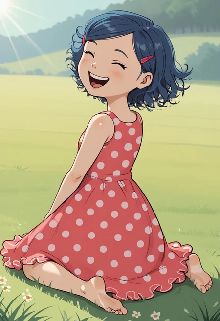 score_9, score_8, score_9, 1girl, dotcomet, blue hair, hairclip, polka dot dress, laughing, kneeling, looking back at viewer, grass, outdoors, sunlight, shadow, barefoot, barefeet