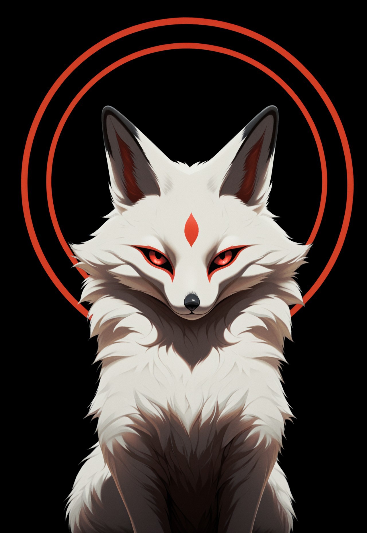 masterpiece, very aesthetic, newest, high score, best quality, absurdres, kitsune_yokai, solo, looking at viewer, simple background, red eyes, no humans, animal, black background, animal focus, white fur, fox, circle
