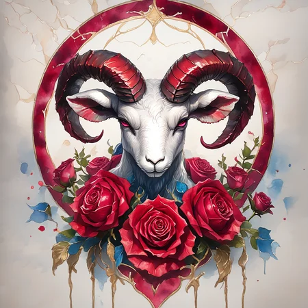 ArsMJStyle, Aries, The image shows a painting of a ram surrounded by red roses on a marble background. The ram is depicted in a painting style with its horns and horns clearly visible. The roses are vibrant and full of life adding a splash of color to the painting., flower, red flower, horns, rose, no humans, red rose, red eyes, painting (medium), solo, traditional media, watercolor (medium), looking at viewer, blue flower core_9, score_8_up, score_7_up, score_6_up, <lora:ArsMJStylePony:1>