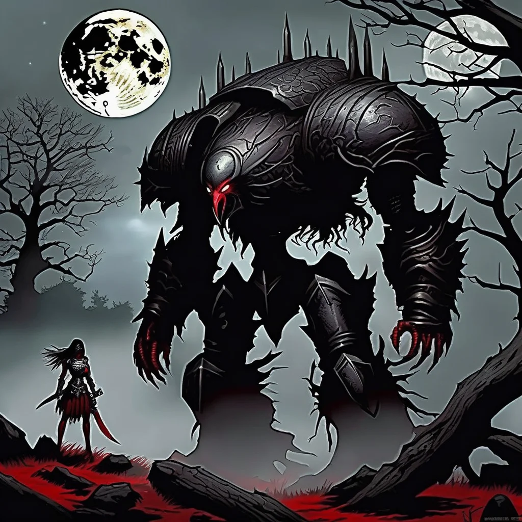 moon,girl,tank,bloodrain,monster army,(horror),armor,raven,fog,death tree