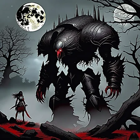 moon,girl,tank,bloodrain,monster army,(horror),armor,raven,fog,death tree