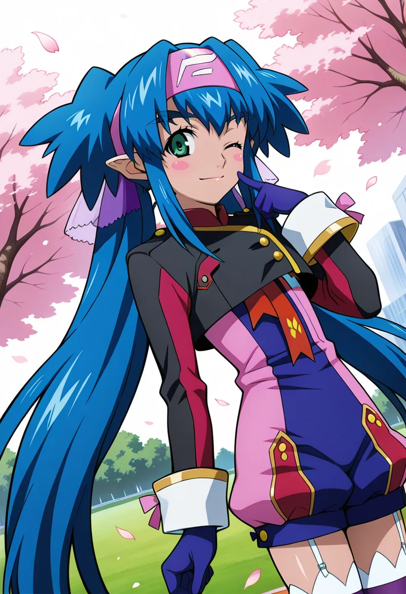 park, trees, flowers, floating petals,
BREAK,
wink, light smile, finger on cheek,, blush stickers, looking at viewer, heart,
cowboy shot, dynamic angle,
BREAK,
<lora:klan_illustriousXL_v01:1>
klan klein, klandef, pointy ears, dark skinned female, blue hair, green eyes, pink bandana, twintails, very long hair, hair ornament,
military uniform, sleeve cuffs, unitard, cropped jacket, puffy shorts, source_anime, very aesthetic, anime coloring, masterpiece,
best quality, amazing quality, ultra detailed, very aesthetic,
detailed background,
BREAK,