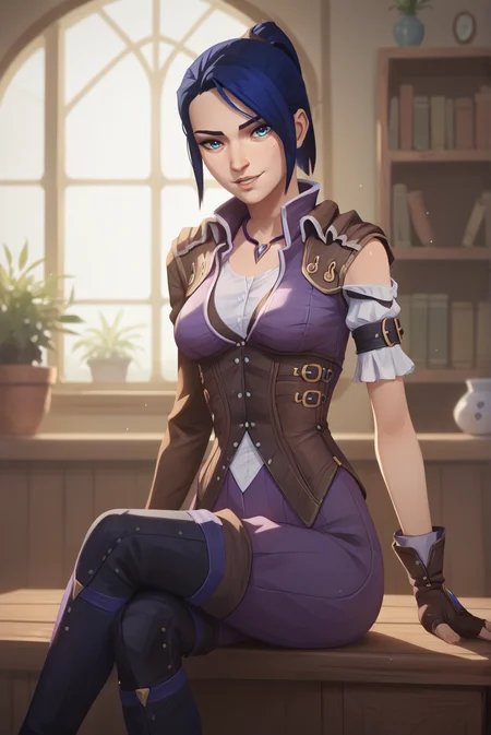 score_9, score_8_up, score_7_up, score_6_up, score_5_up, score_4_up, BREAK source_anime, 1girl, solo,
<lora:ArcaneCaitlynXL-v3-07:0.7>, ChopioCaitlyn, blue hair, shiny hair, blue eyes, looking at viewer,
medium breasts,
short hair, ponytail, sidelocks,
outfit_2, pendant, brown jacket, purple jumpsuit, white shirt, underbust corset, brown corset, single sleeve, long sleeve, single sleeve, long sleeve, arm belt, brown gloves, fingerless gloves, thigh boots, black footwear,
indoors, bookshelf, window, potted plant, wooden floor, wooden desk, sitting, crossed legs, seductive smile, cowboy shot, parted lips,