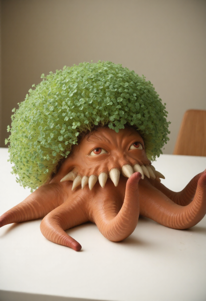 <lora:Chia_Pet_Planter_FLUX-000013:0.9><lora:Ultros_-_Final_Fantasy_FLUX:1>
Photograph of a terracotta clay 8-tentacled octopus adorned with a lush, vibrant green plant. It is is sitting on a table.
