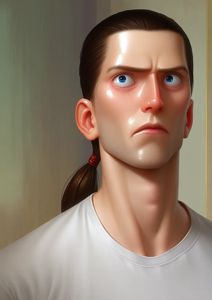 portrait, 1boy, tshirt, ponytail, shiny face, narrow-set eyes, voluptuous lips, imperious nose, heavy jaw,