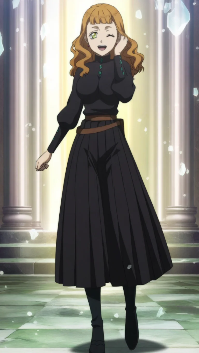 source_anime, masterpiece, best quality, amazing quality, anime screencap, high quality, 8k, absurdres, official style, 1girl, solo, looking at viewer, standing, :d, wink,<lora:Mimosa_Pre_iL:1>, m1m0s4 v3rm1ll10n, long hair, brown hair, green eyes, bangs, black outfit, skirt, long skirt, long sleeves, dress, black dress, belt, black boots, boots, jewelry, breasts, large breasts,