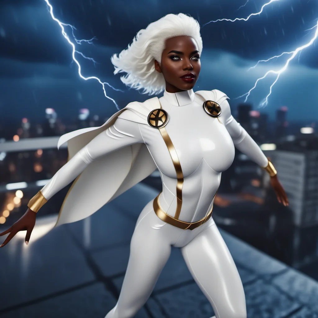 cinematic photo a black woman, full body, with white hair, white superhero suit, storm, white eyes, flying over a city, powerfull in the rain, dramatic, masterpiece <lora:Storm1024-000105:0.8> . 35mm photograph, film, bokeh, professional, 4k, highly detailed