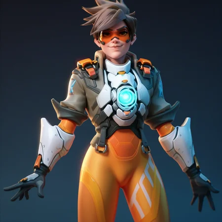 score_9, score_8_up, score_7_up, score_6_up, score_5_up, simple background, black background, realistic,   <lora:Tracer_Overwatch_2_Default:1>, tracow, vambraces, harness, bodysuit, jacket, gloves, goggles, looking at viewer, smile, standing,
